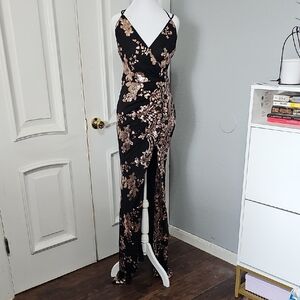 Black and Rose Gold Sequin Floor Length Dress